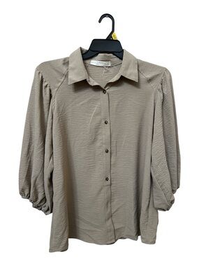 NEW Fair Haven Taupe Button-Down Puff Sleeve Shirt Blouse Size XL
